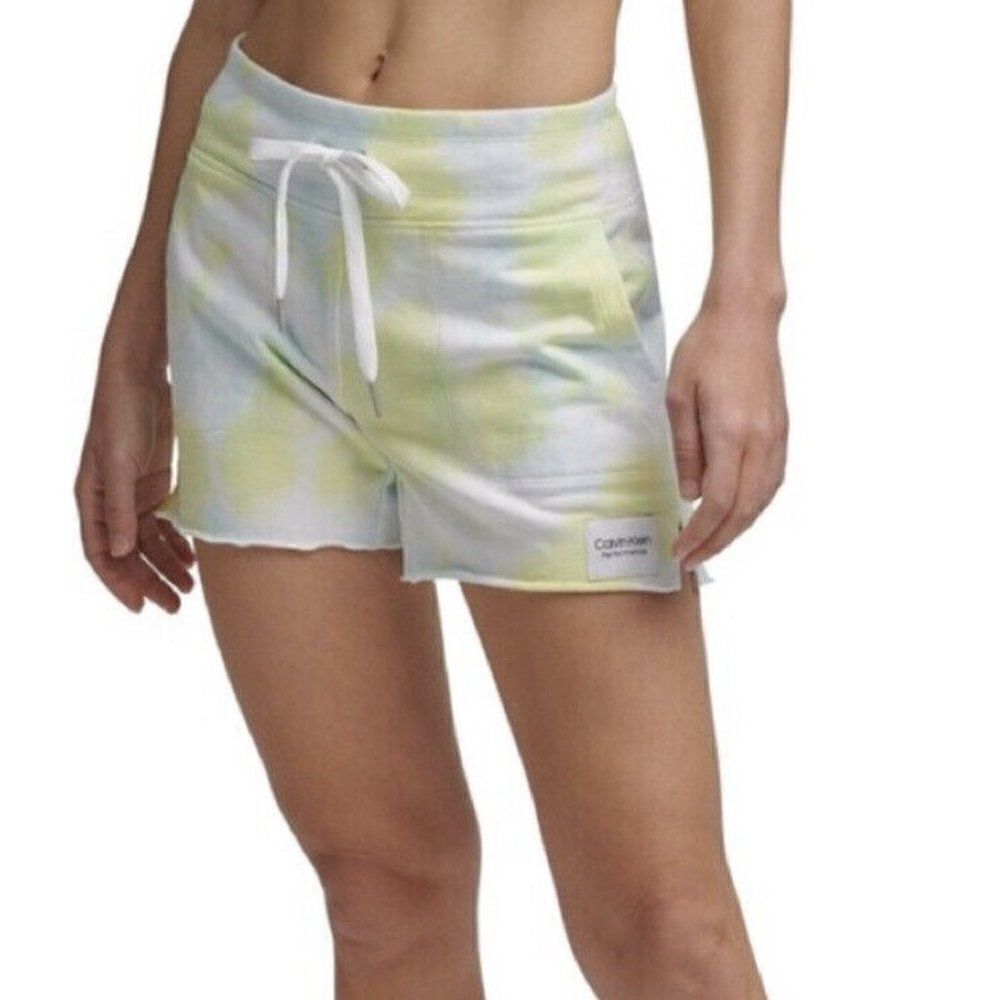 Calvin Klein Performance Yellow Blue Tie Dye French Terry Shorts Women XXL NWT
